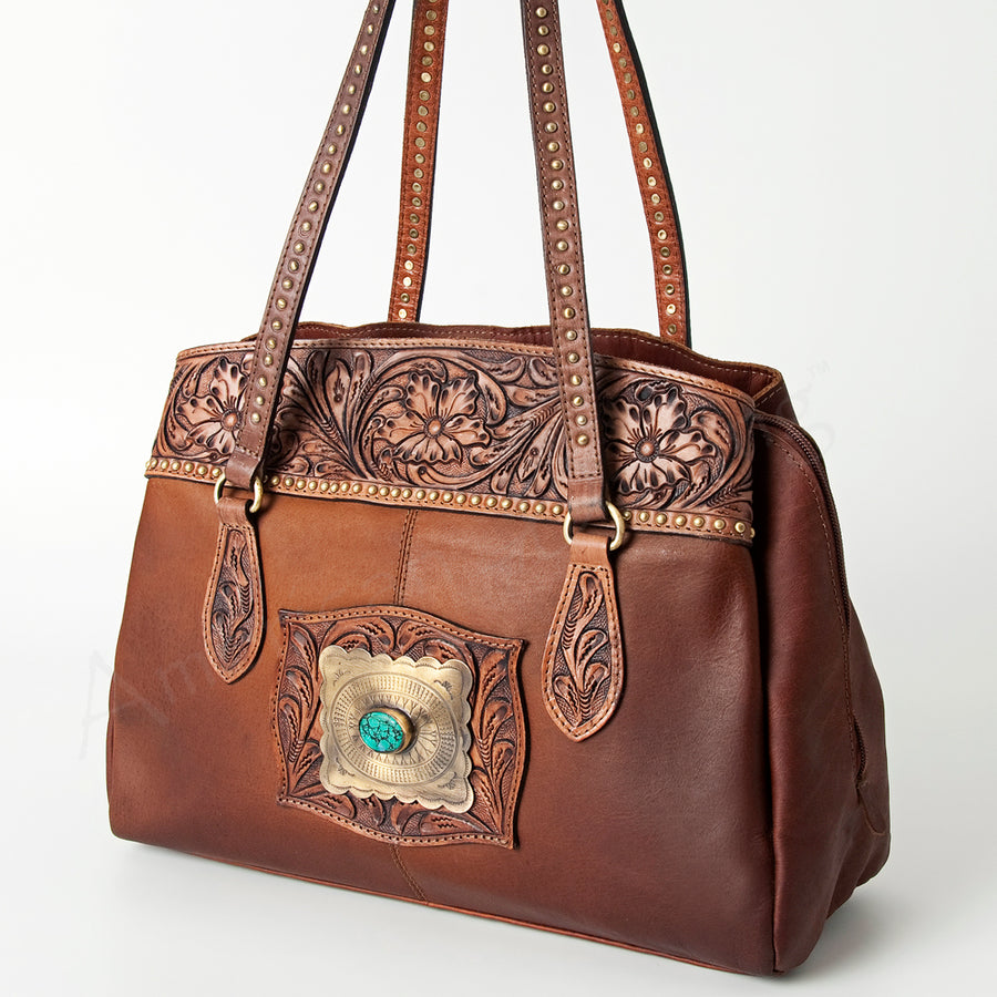 American Darling Western Hand-Tooled Floral Tote Bag - Cowhide and Concho Leather Purse - Uhorse