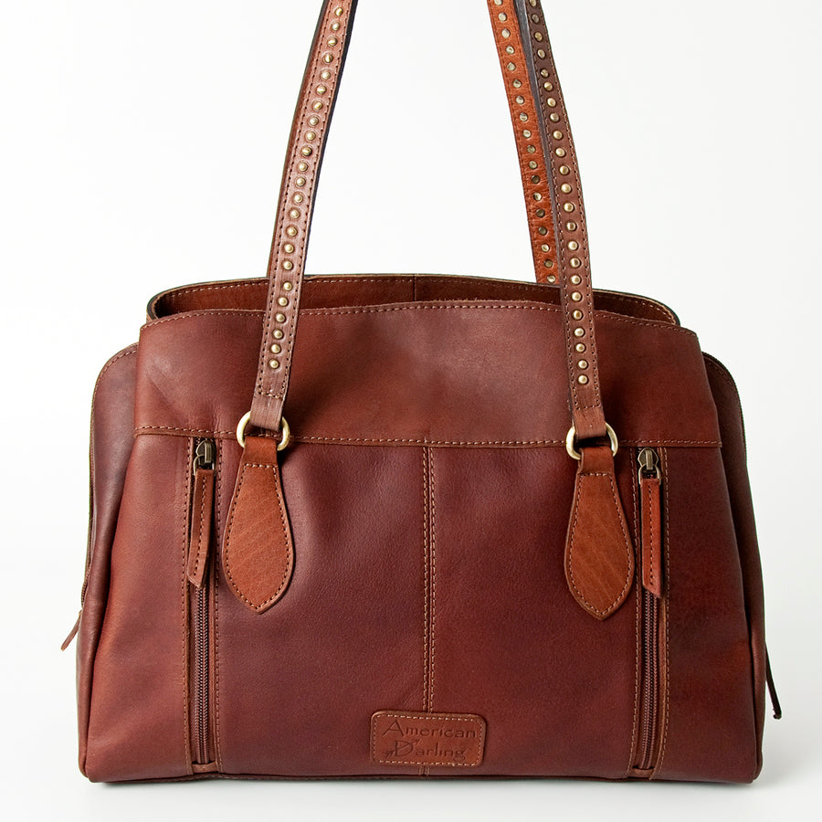 American Darling Tote Bag, Hand-Tooled Floral Western Leather Purse, Hair-On Cowhide, Concho, 11.5in (H) X 14in (W) X 5in (D)