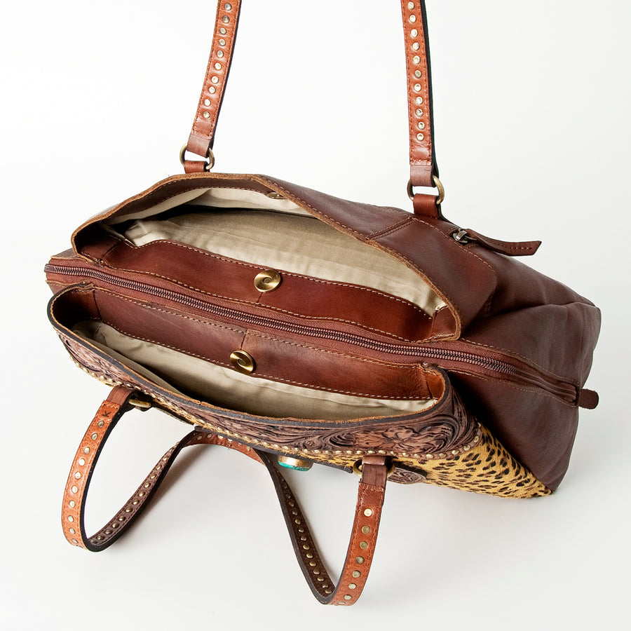 American Darling Tote Bag, Hand-Tooled Floral Western Leather Purse, Hair-On Cowhide, Concho, 11.5in (H) X 14in (W) X 5in (D)