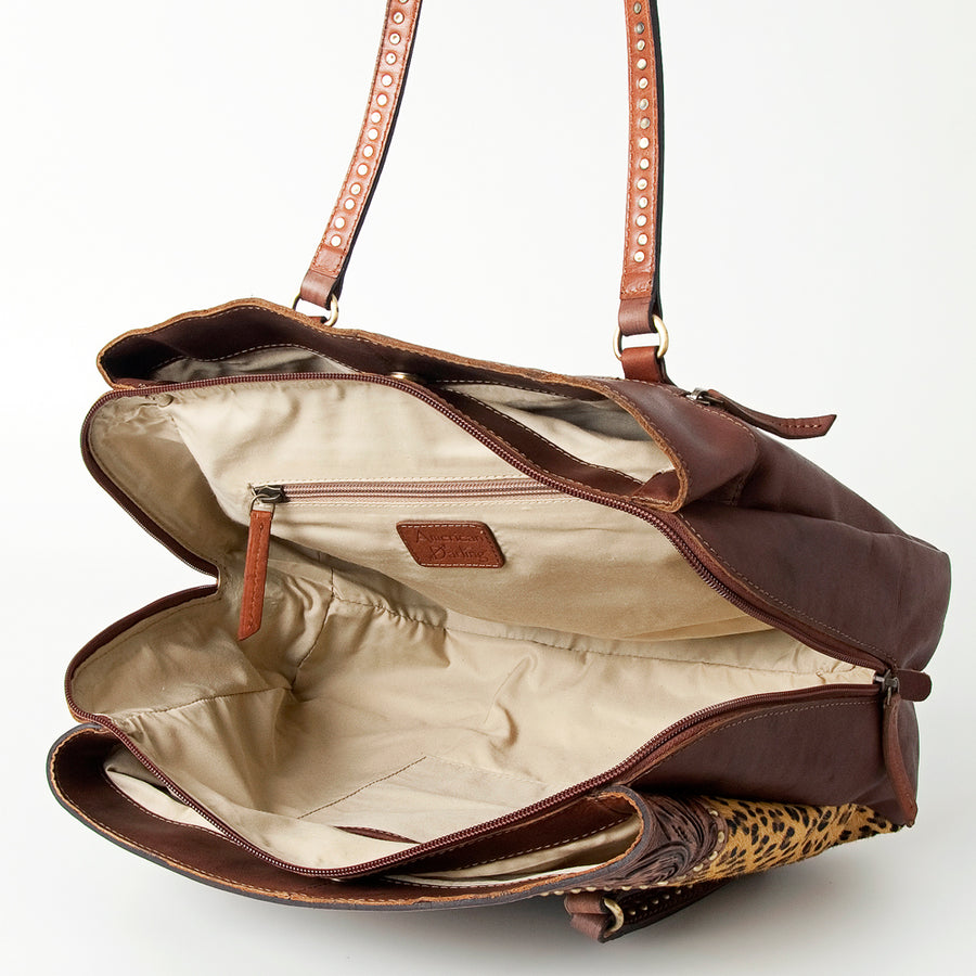 American Darling Tote Bag, Hand-Tooled Floral Western Leather Purse, Hair-On Cowhide, Concho, 11.5in (H) X 14in (W) X 5in (D)