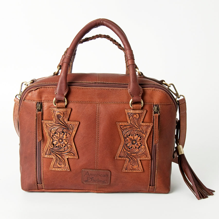 American Darling Tote Bag, Hand-Tooled Floral Western Leather Purse, Hair-On Cowhide, Braided Handle, 8.75in (H) X 17.5in (W) X 5in (D)