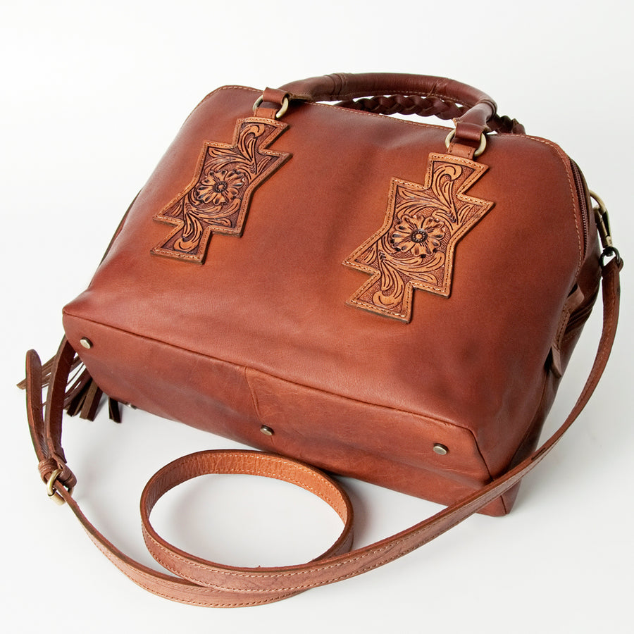 American Darling Tote Bag, Hand-Tooled Floral Western Leather Purse, Hair-On Cowhide, Braided Handle, 8.75in (H) X 17.5in (W) X 5in (D)