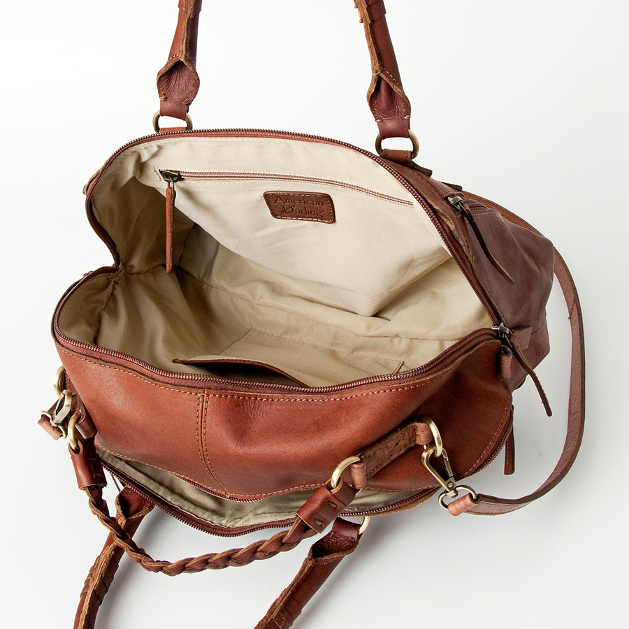 American Darling Tote Bag, Hand-Tooled Floral Western Leather Purse, Hair-On Cowhide, Braided Handle, 8.75in (H) X 17.5in (W) X 5in (D)