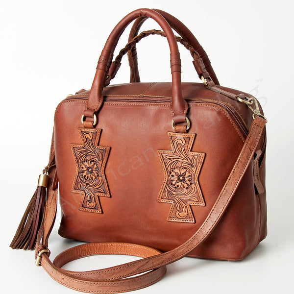 Tan and cream hair-on-hide leather handbag with tooled leather details - Uhorse