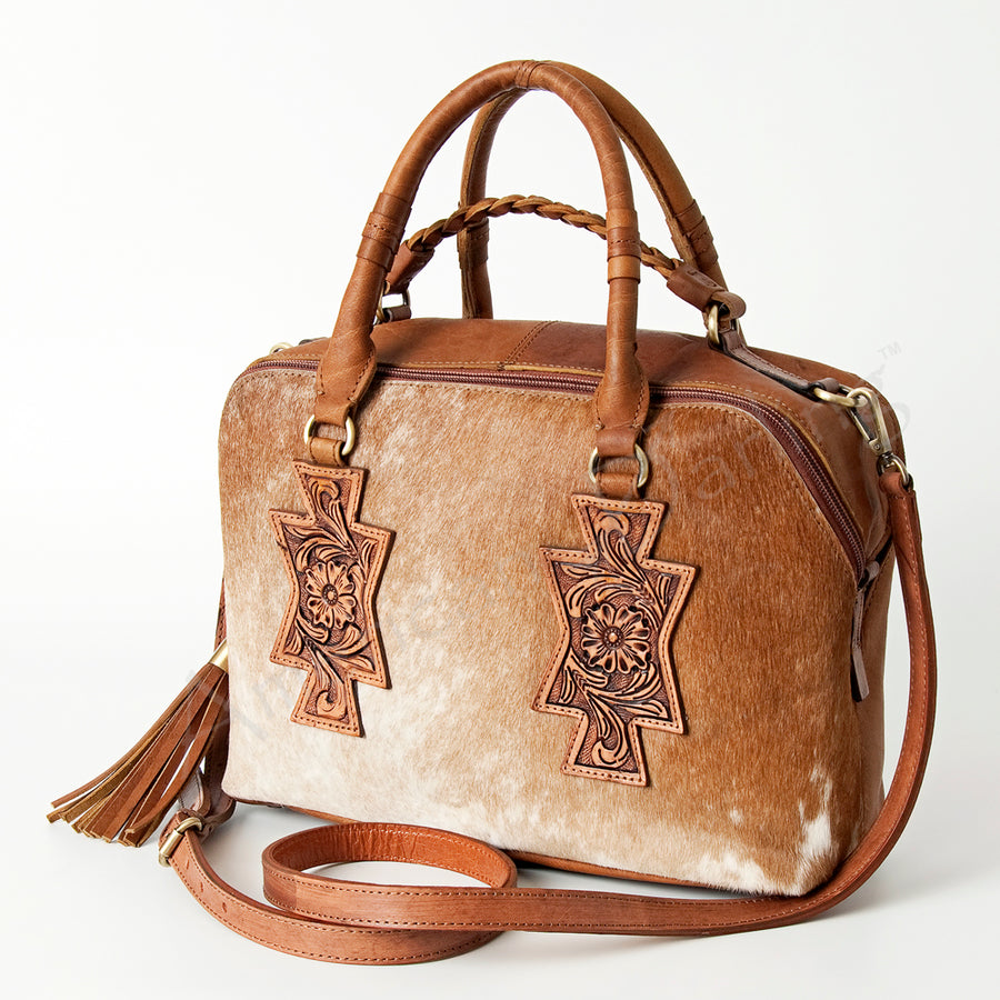 American Darling Tote Bag, Hand-Tooled Floral Western Leather Purse, Hair-On Cowhide, Braided Handle, 8.75in (H) X 17.5in (W) X 5in (D)