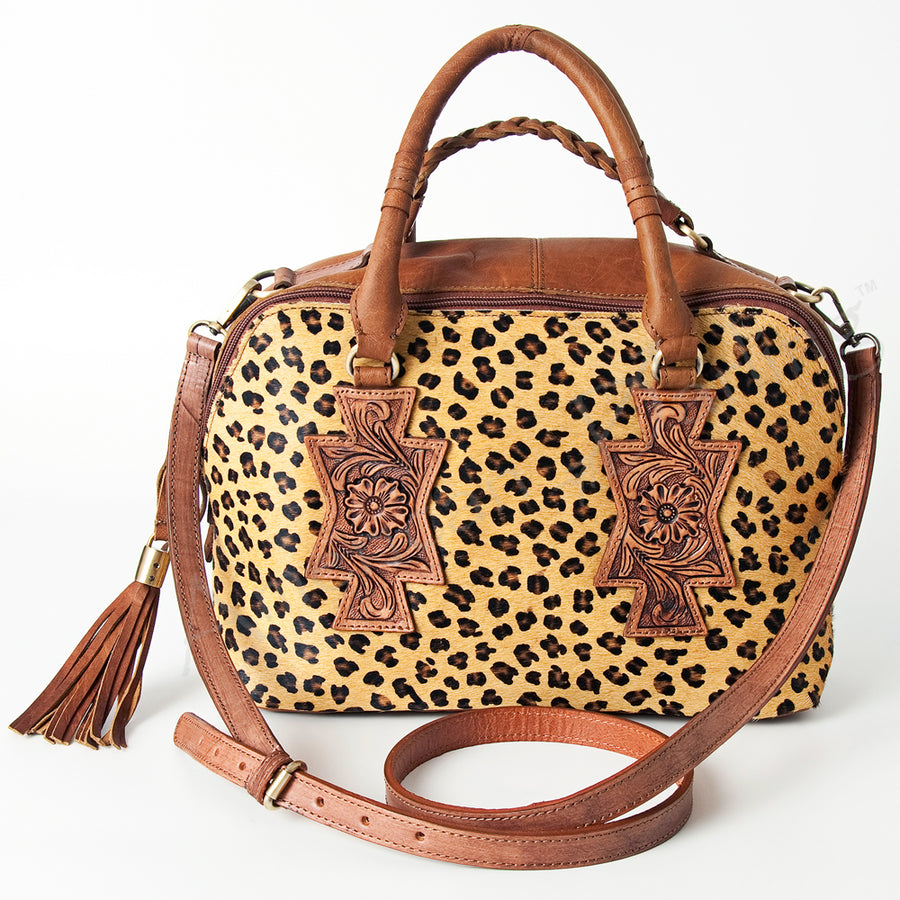 American Darling Tote Bag, Hand-Tooled Floral Western Leather Purse, Hair-On Cowhide, Braided Handle, 8.75in (H) X 17.5in (W) X 5in (D)