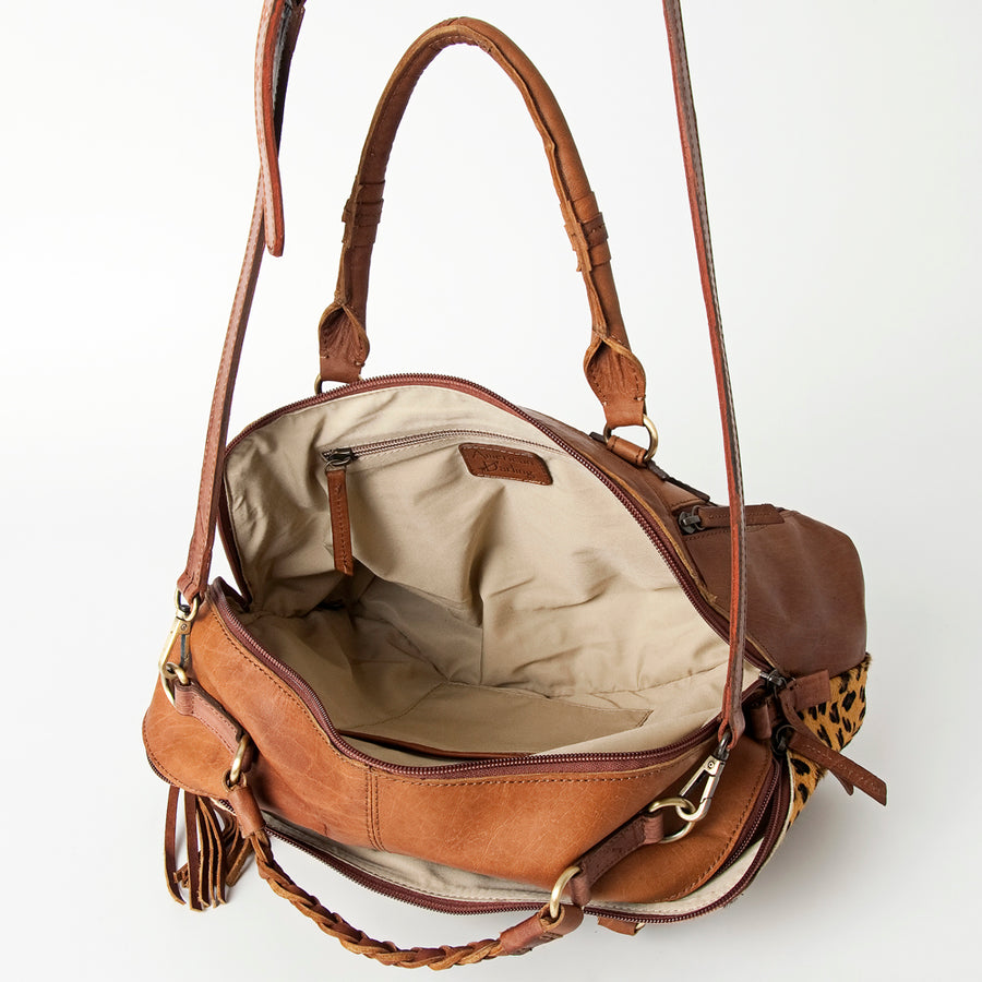 American Darling Tote Bag, Hand-Tooled Floral Western Leather Purse, Hair-On Cowhide, Braided Handle, 8.75in (H) X 17.5in (W) X 5in (D)