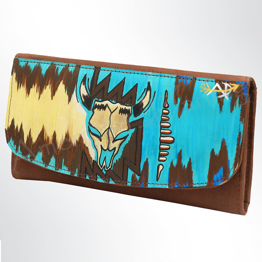 Brown leather wallet with turquoise and yellow tribal bison design - Uhorse
