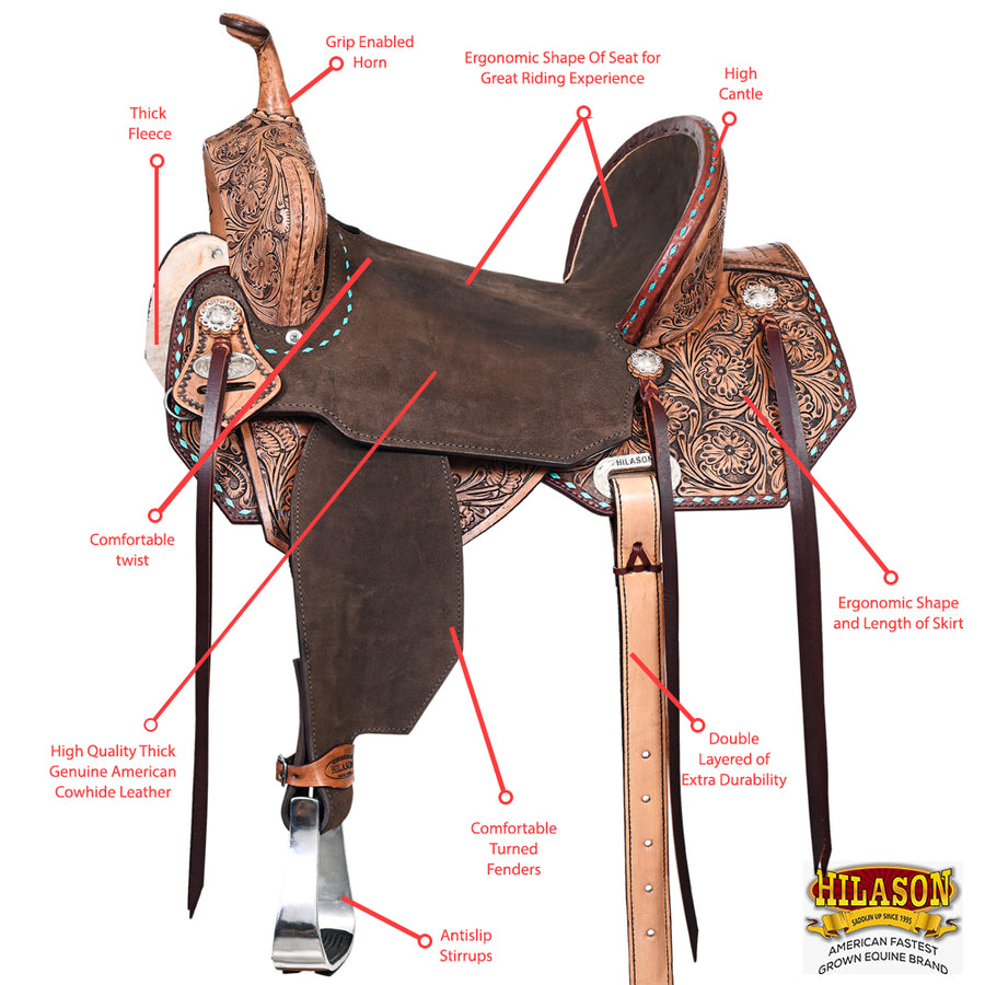 HILASON Flex Tree Western Horse Saddle in American Leather Barrel Trail | for Horses