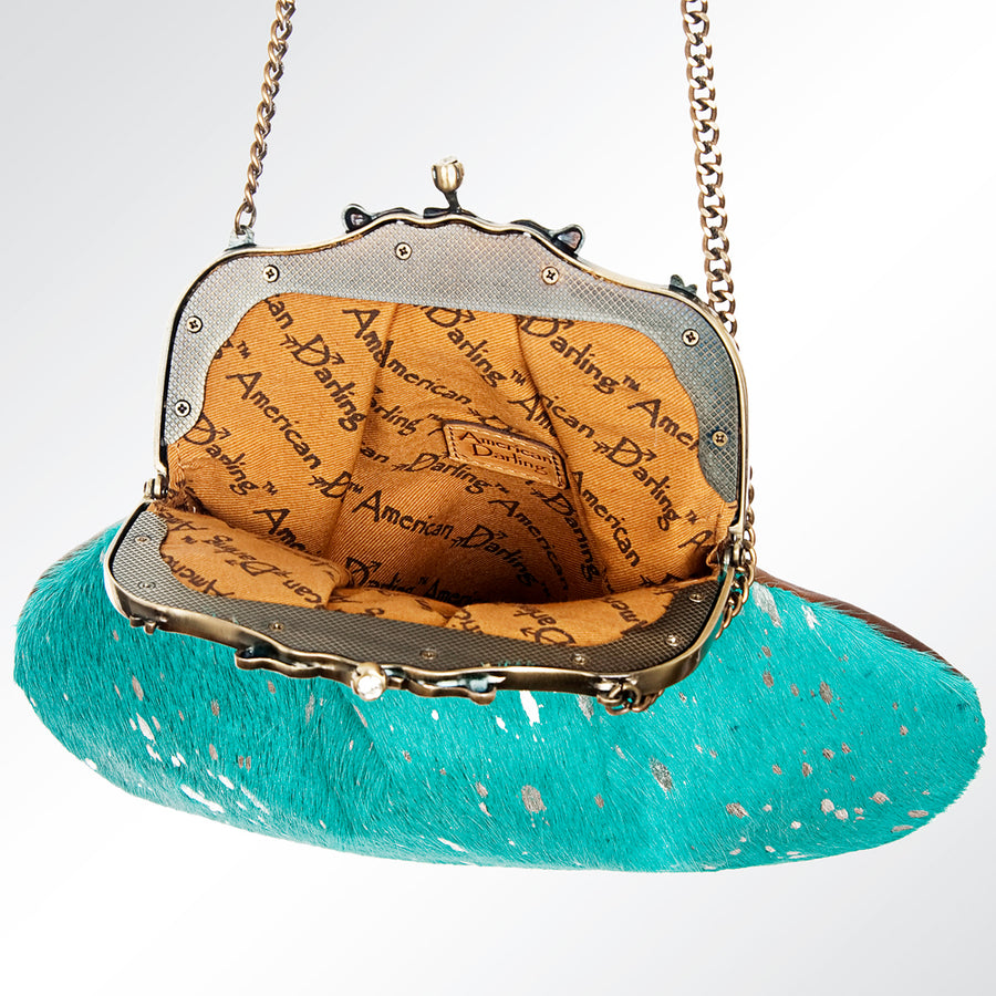 American Darling Coin Purse Bag Hair-On Cowhide Genuine Leather Western Pouch with Vintage Frame and Chain Strap