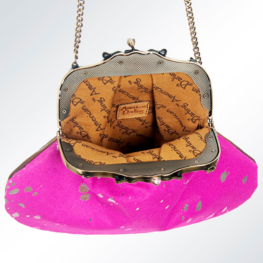 American Darling Coin Purse Bag Hair-On Cowhide Genuine Leather Western Pouch with Vintage Frame and Chain Strap