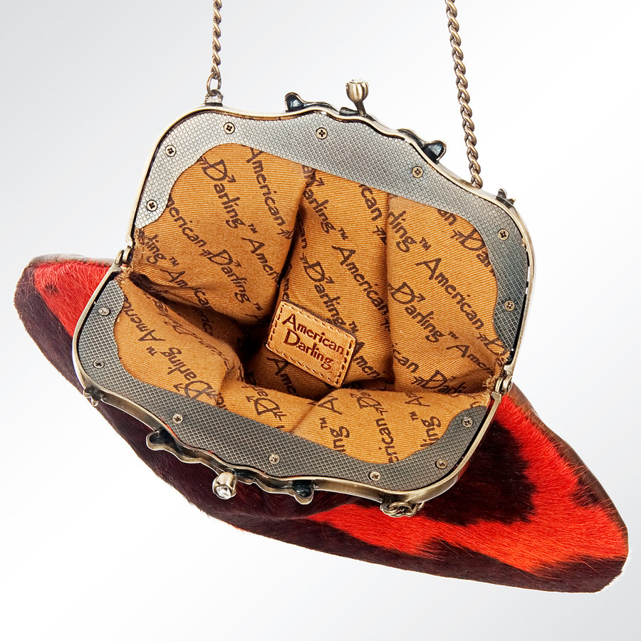 American Darling Coin Purse Bag Hair-On Cowhide Genuine Leather Western Pouch with Vintage Frame and Chain Strap