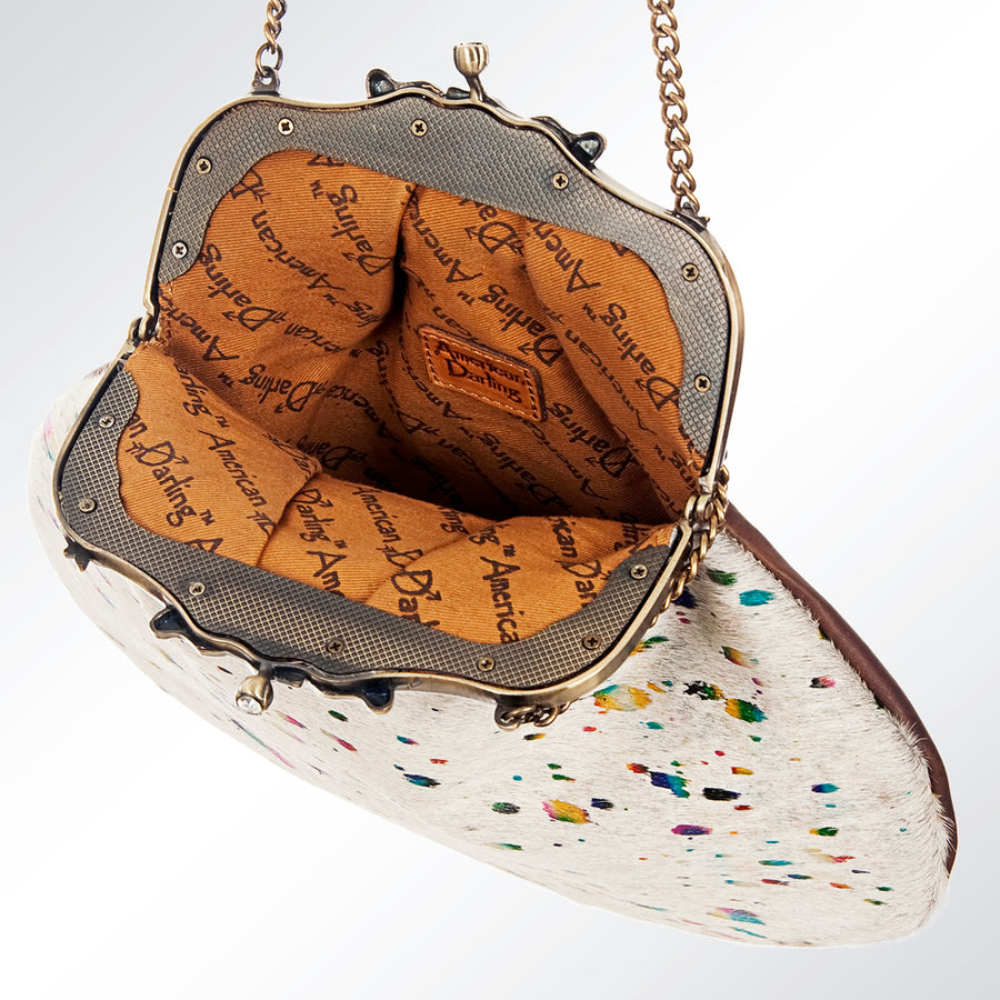 American Darling Coin Purse Bag Hair-On Cowhide Genuine Leather Western Pouch with Vintage Frame and Chain Strap
