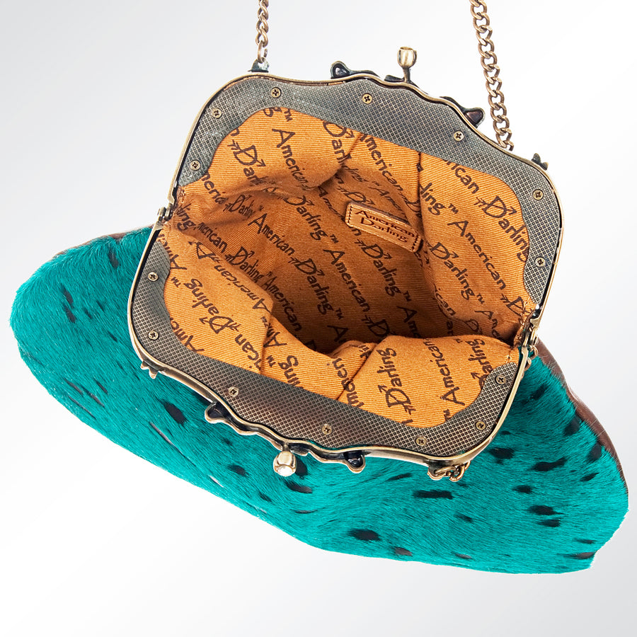 American Darling Coin Purse Bag Hair-On Cowhide Genuine Leather Western Pouch with Vintage Frame and Chain Strap