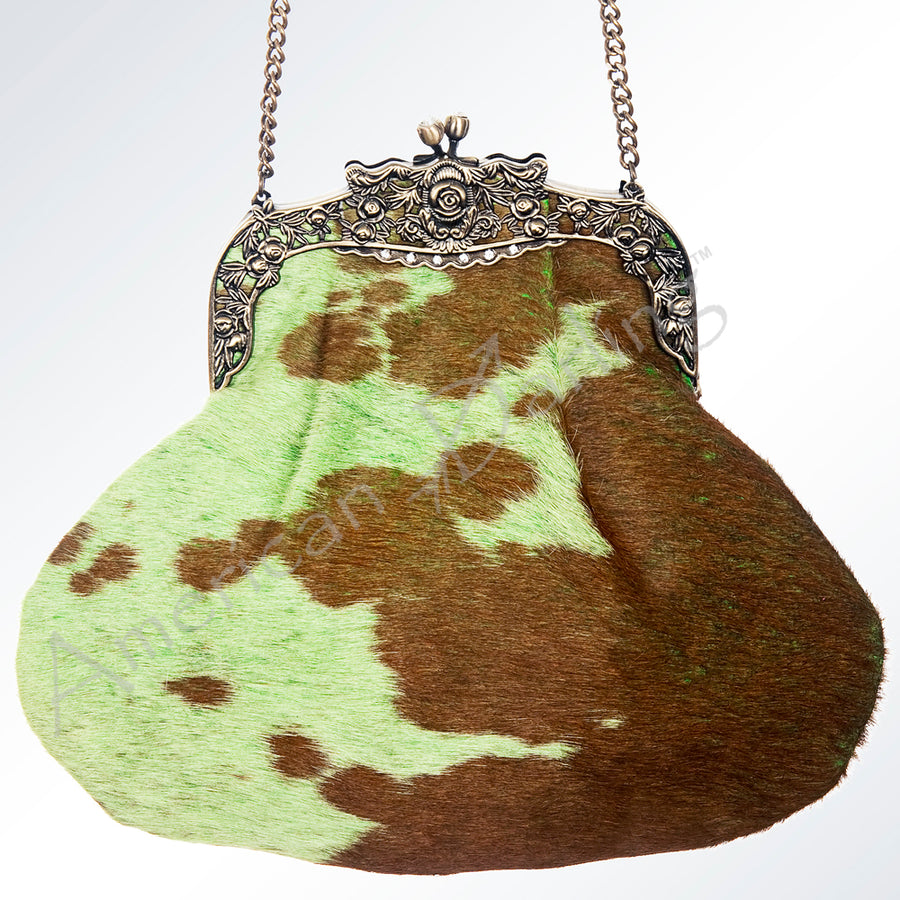 American Darling Coin Purse Bag Hair-On Cowhide Genuine Leather Western Pouch with Vintage Frame and Chain Strap