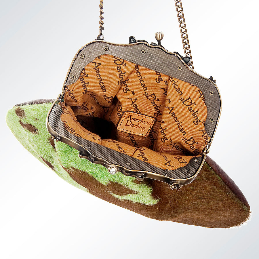 American Darling Coin Purse Bag Hair-On Cowhide Genuine Leather Western Pouch with Vintage Frame and Chain Strap