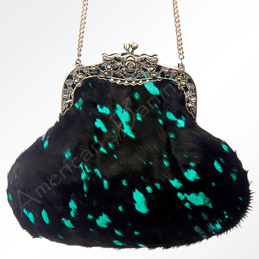 American Darling Coin Purse Bag Hair-On Cowhide Genuine Leather Western Pouch with Vintage Frame and Chain Strap