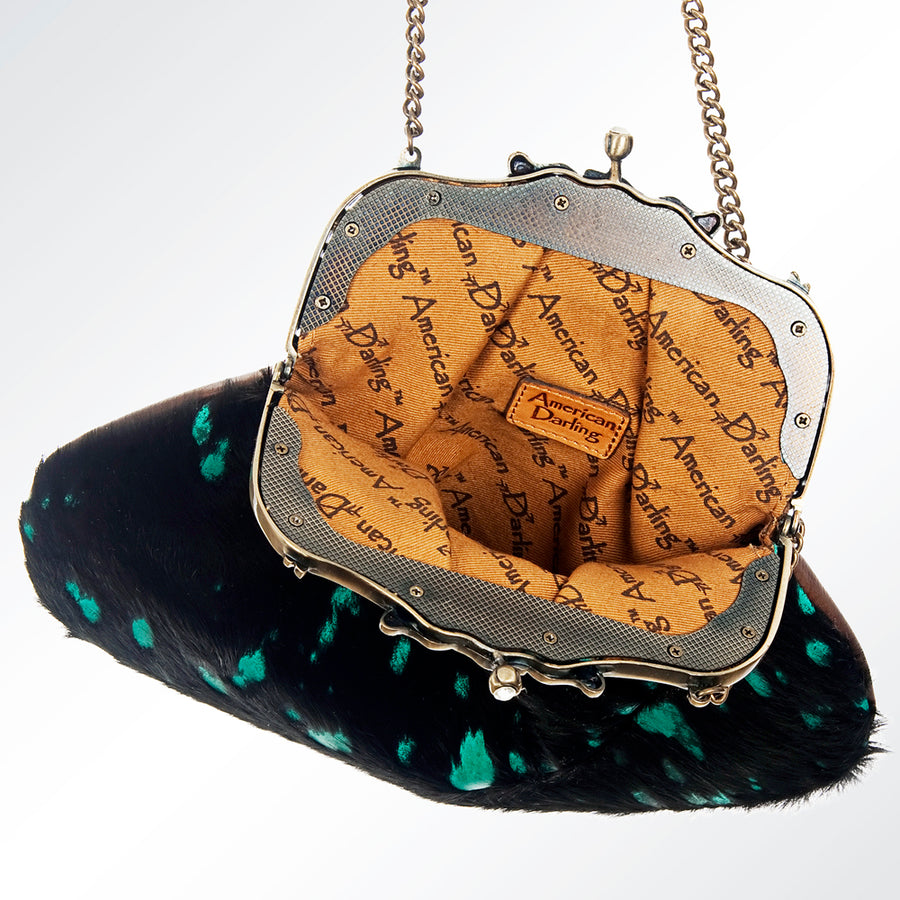 American Darling Coin Purse Bag Hair-On Cowhide Genuine Leather Western Pouch with Vintage Frame and Chain Strap