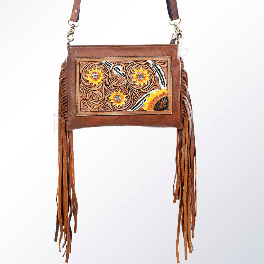 American Darling Large Cross body Bag Hand Tooled Floral Carved Genuine Leather with Fringes Western Purse
