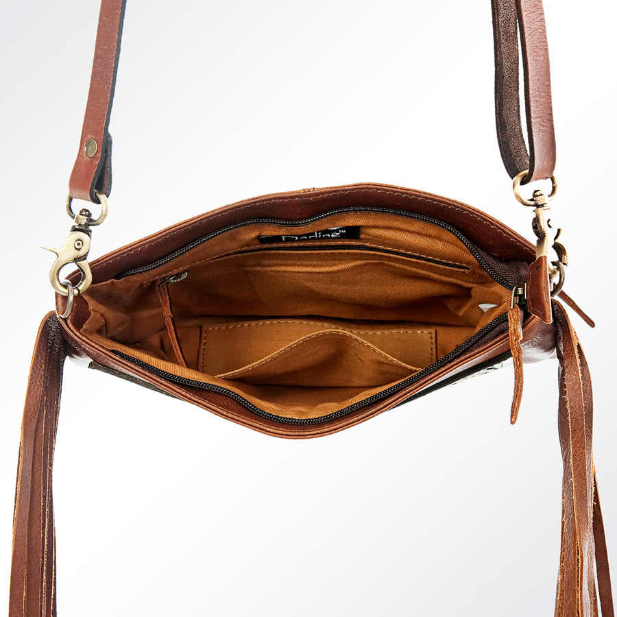 American Darling Large Cross body Bag Hand Tooled Floral Carved Genuine Leather with Fringes Western Purse