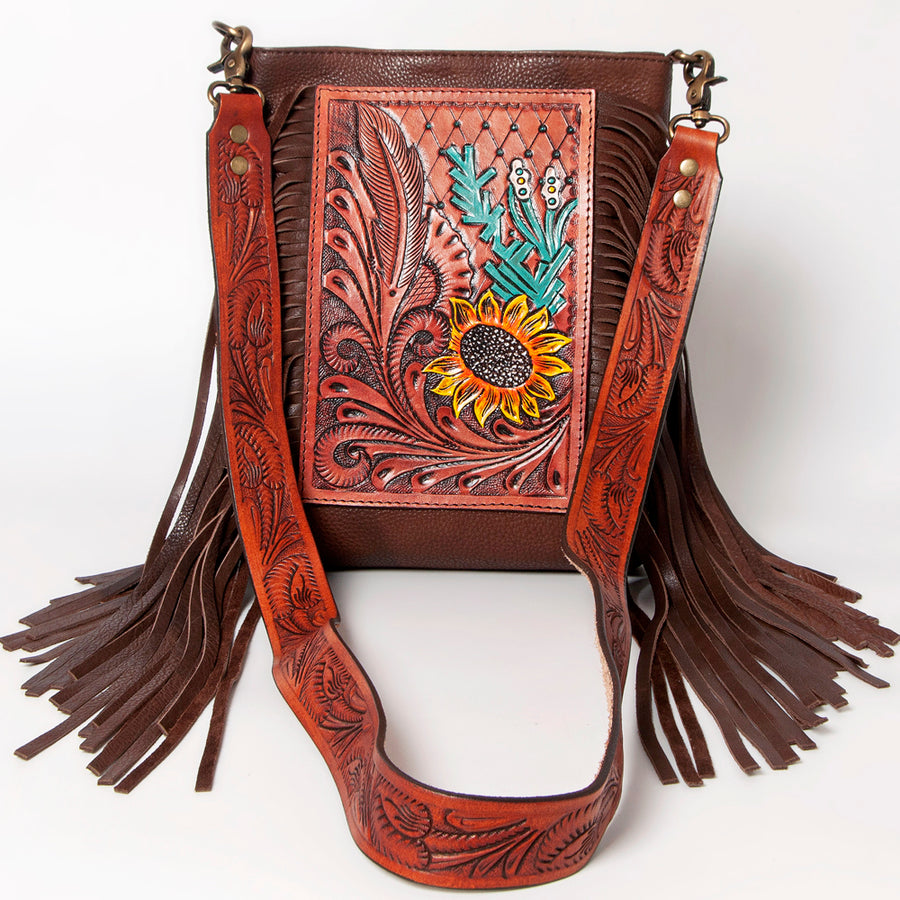 American Darling Cross body Bag Hand Tooled Floral Carved Genuine Leather with Fringes Western Purse