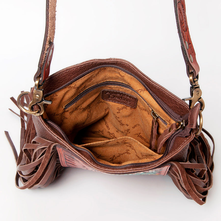 American Darling Cross body Bag Hand Tooled Floral Carved Genuine Leather with Fringes Western Purse