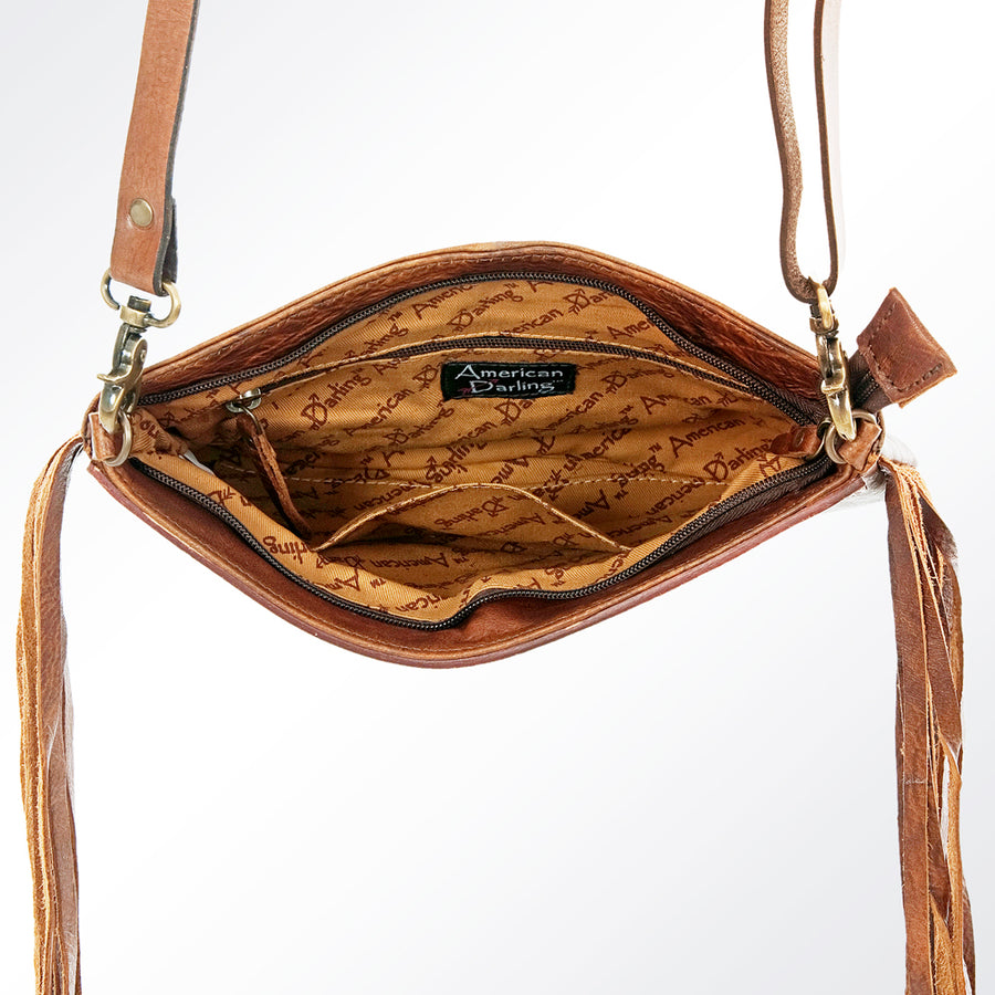 American Darling Large Cross body Bag Hand Tooled Floral Carved Genuine Leather with Fringes Western Purse