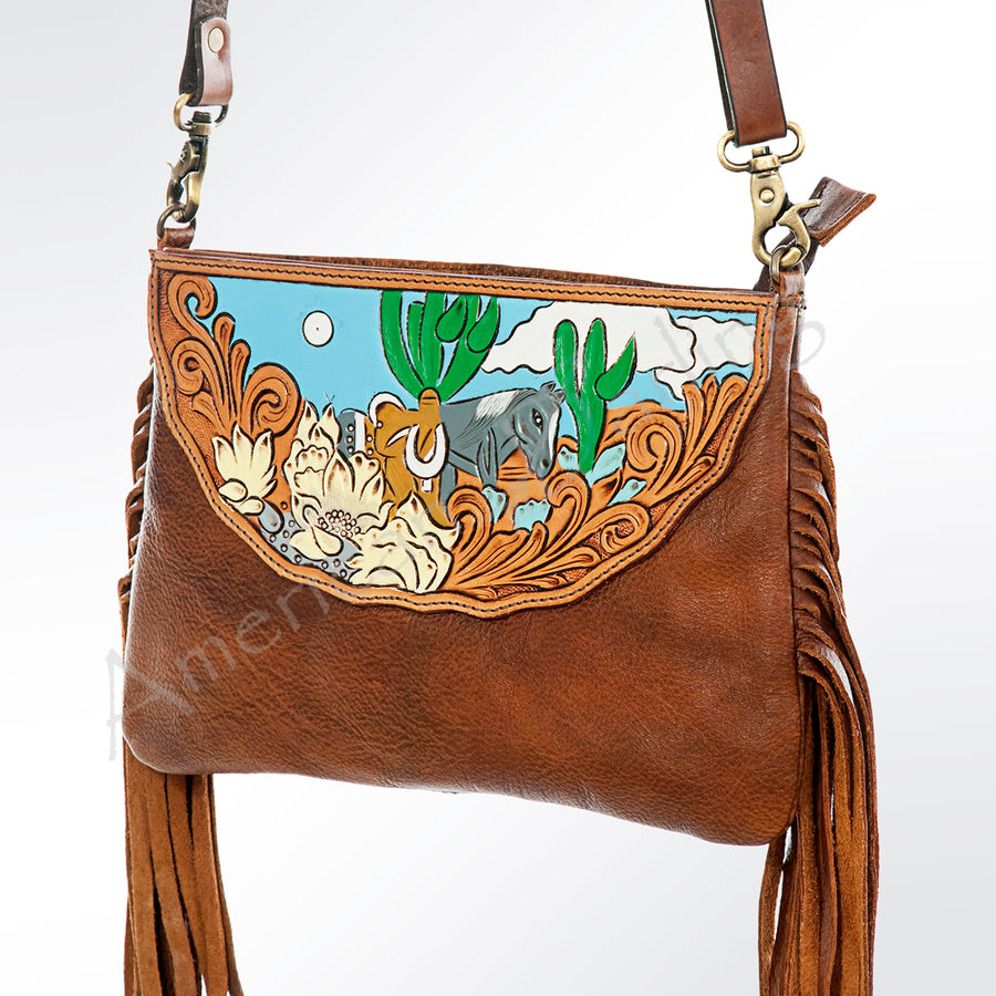 American Darling Hand Tooled Floral Carved Genuine Leather Large Cross body Bag - Uhorse