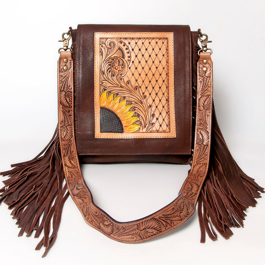American Darling Cross body Bag Hand Tooled Floral Carved Genuine Leather with Fringes Western Purse