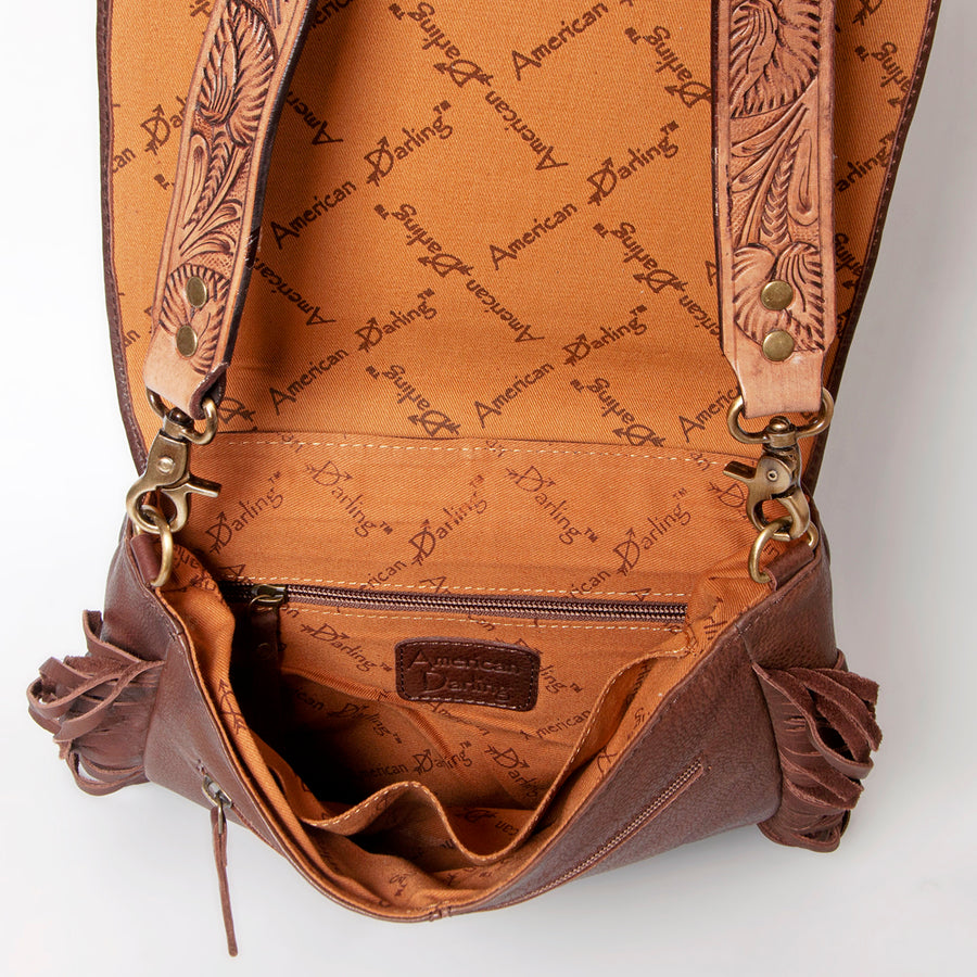 American Darling Cross body Bag Hand Tooled Floral Carved Genuine Leather with Fringes Western Purse