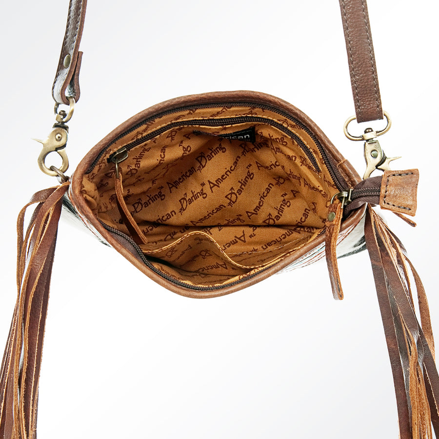 American Darling Messenger Bag Hair-On Cowhide Hand Tooled Genuine Leather with Fringes Western Purse