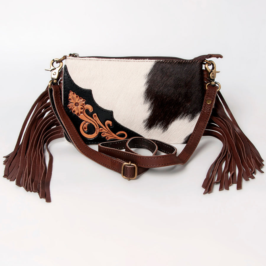 American Darling Small Cross body Bag Hair-On Cowhide Hand Tooled Genuine Leather with Fringes Western Purse