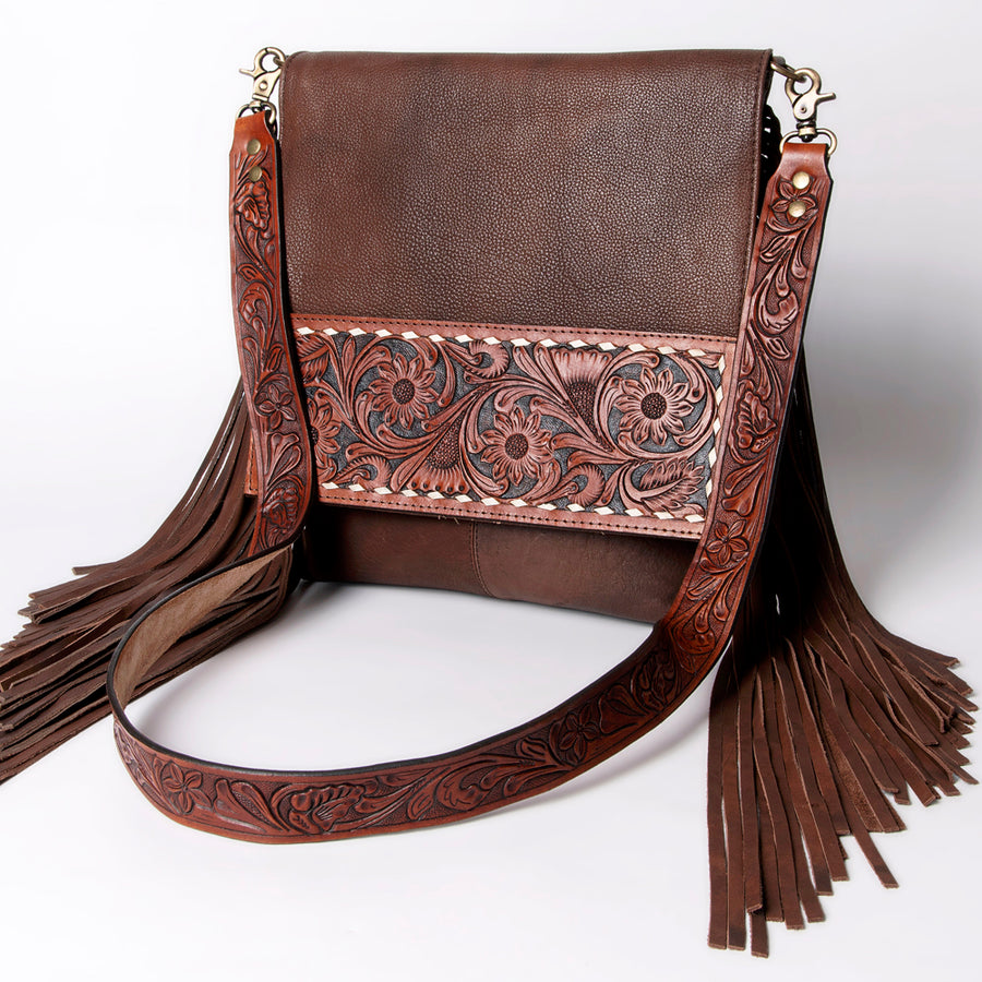 American Darling Hand Tooled Floral Carved Genuine Leather Messenger Bag - Uhorse
