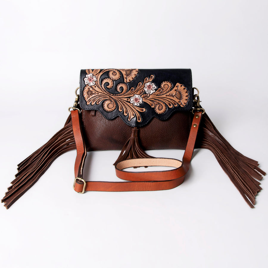American Darling Messenger Bag Hand Tooled Floral Carved Genuine Leather with Fringes Western Purse