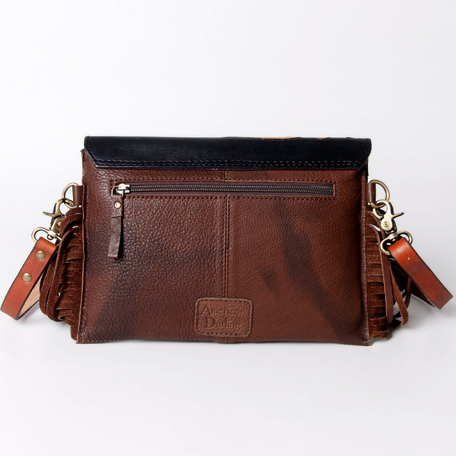 American Darling Messenger Bag Hand Tooled Floral Carved Genuine Leather with Fringes Western Purse