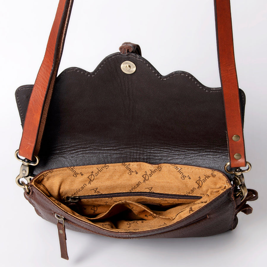 American Darling Messenger Bag Hand Tooled Floral Carved Genuine Leather with Fringes Western Purse