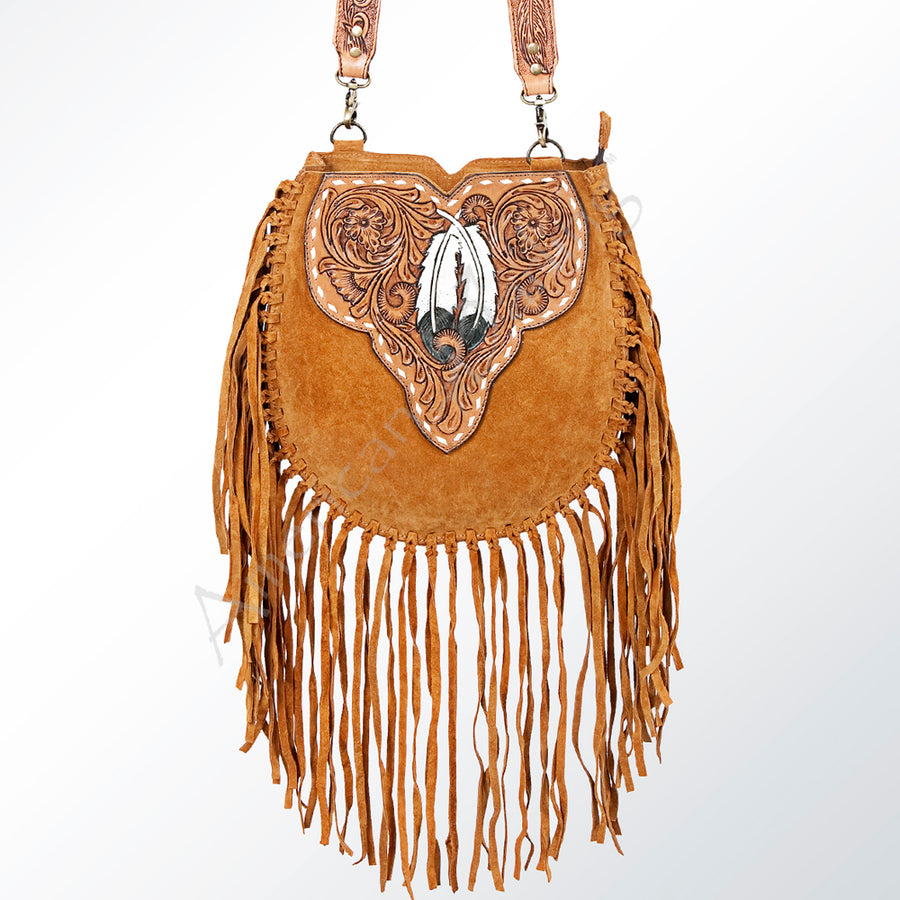 American Darling Large Cross body Bag Genuine Suede Leather Hand Tooled Floral Carved with Fringes Buck Stitched Western Purse