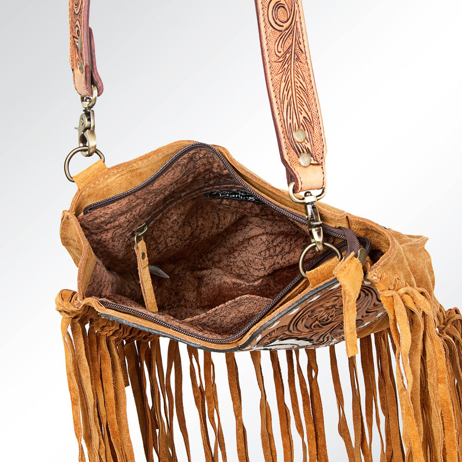 American Darling Large Cross body Bag Genuine Suede Leather Hand Tooled Floral Carved with Fringes Buck Stitched Western Purse