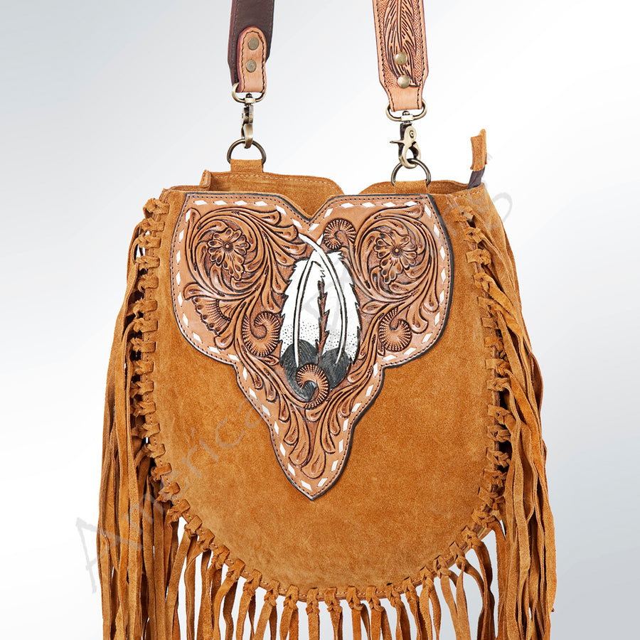 American Darling Hand Tooled Floral Carved Suede Leather Large Cross body Bag - Uhorse