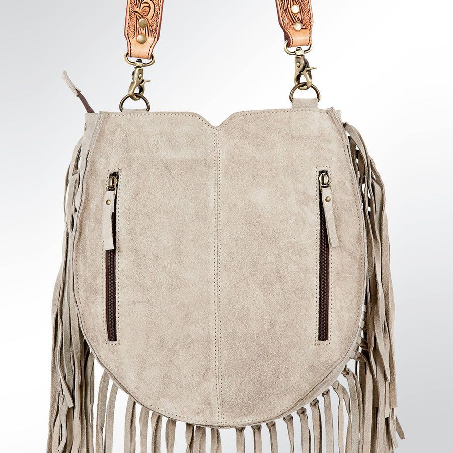 American Darling Large Cross body Bag Genuine Suede Leather Hand Tooled Floral Carved with Fringes Buck Stitched Western Purse