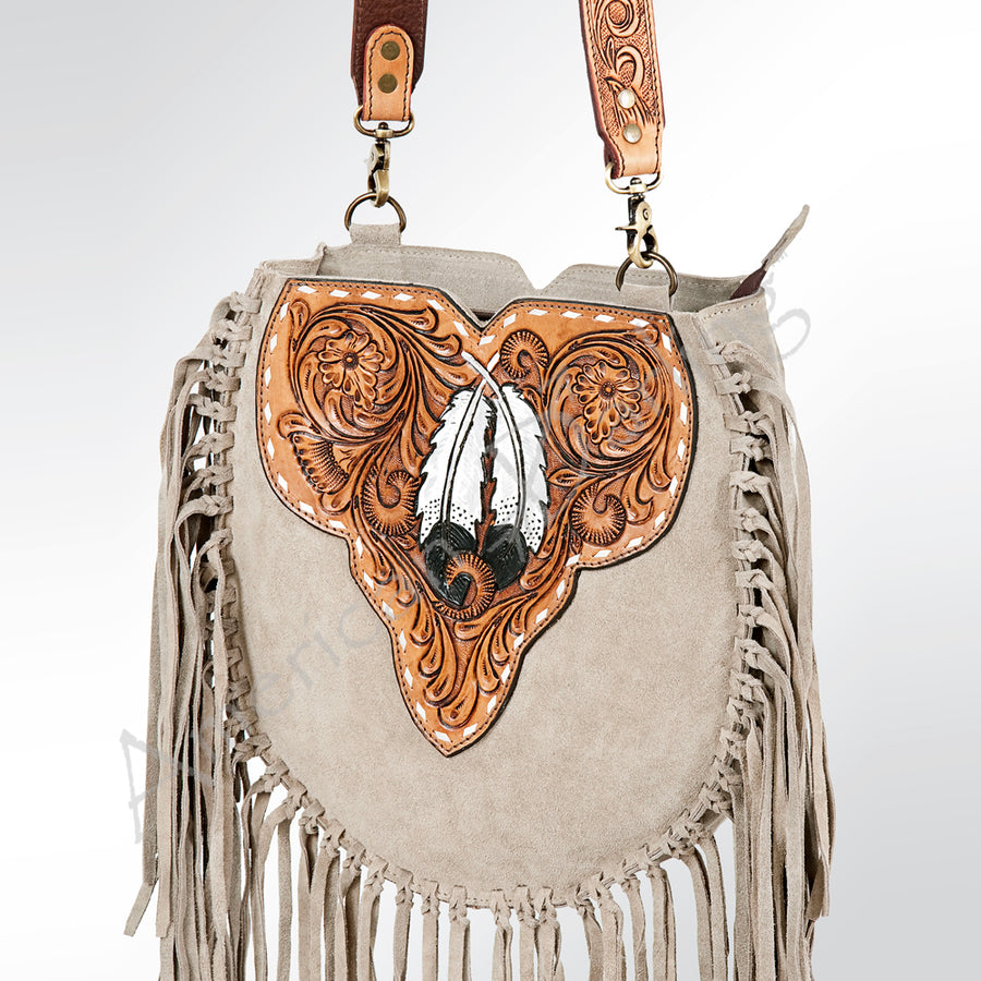 American Darling Hand Tooled Floral Carved Genuine Suede Leather Large Cross body Bag - Uhorse