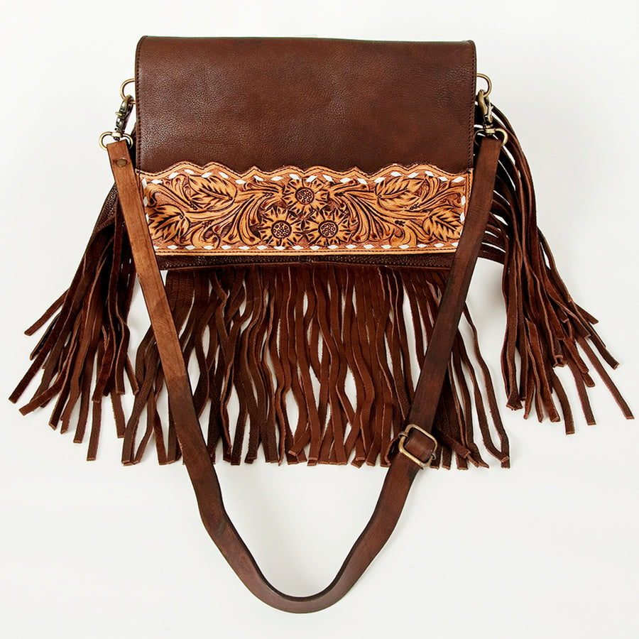 American Darling Large Cross body Bag Hand Tooled Floral Carved Genuine Leather with Fringes Western Purse