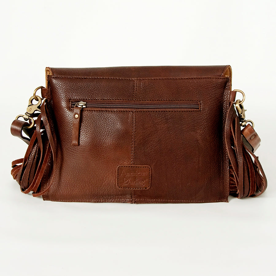 American Darling Large Cross body Bag Hand Tooled Floral Carved Genuine Leather with Fringes Western Purse