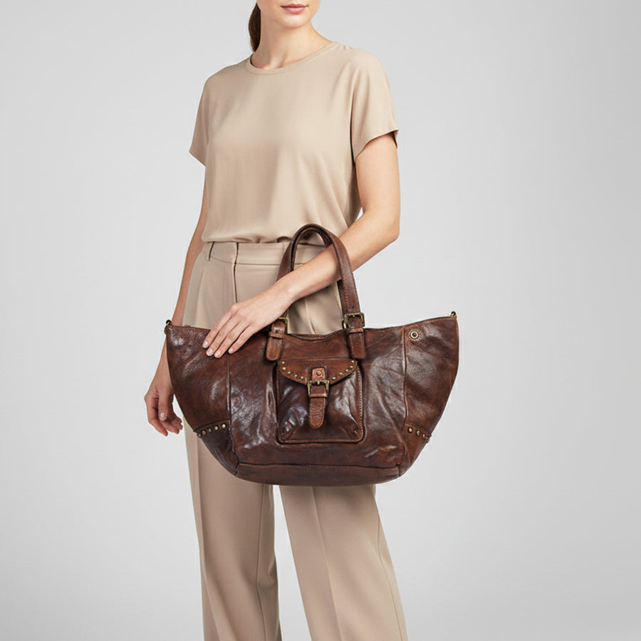 Spaghetti Western Swc126Brn Tote Vintage Handmade Drum Dyed Genuine European Cowhide Leather Women Bag Western Handbag Purse