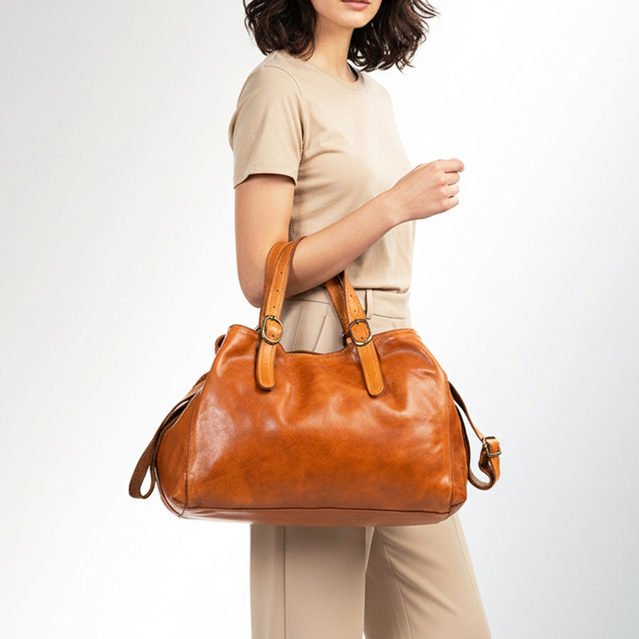 Spaghetti Western Swc132Tan Tote Vintage Handmade Drum Dyed Genuine European Cowhide Leather Women Bag Western Handbag Purse