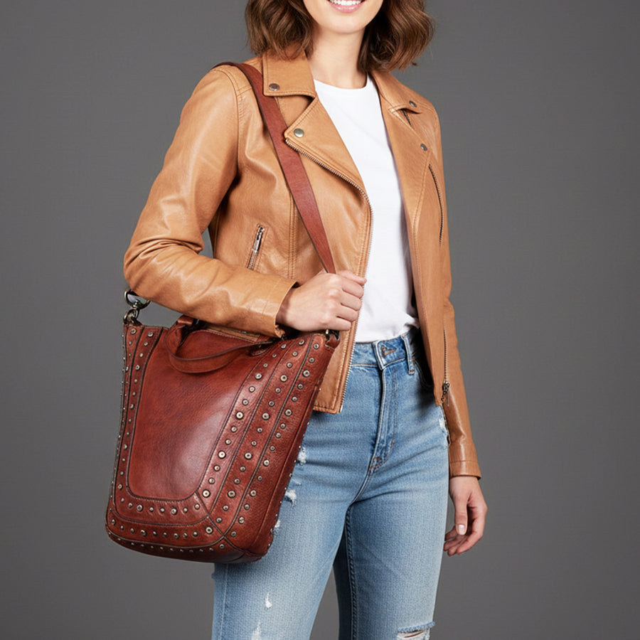 Spaghetti Western Swc134Cg Tote Vintage Handmade Drum Dyed Genuine European Cowhide Leather Women Bag Western Handbag Purse