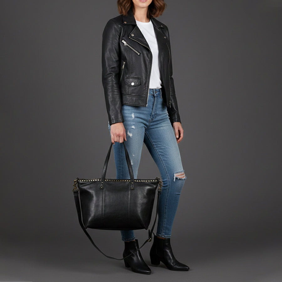 Spaghetti Western Swc135Ablk Tote Vintage Handmade Drum Dyed Genuine European Cowhide Leather Women Bag Western Handbag Purse