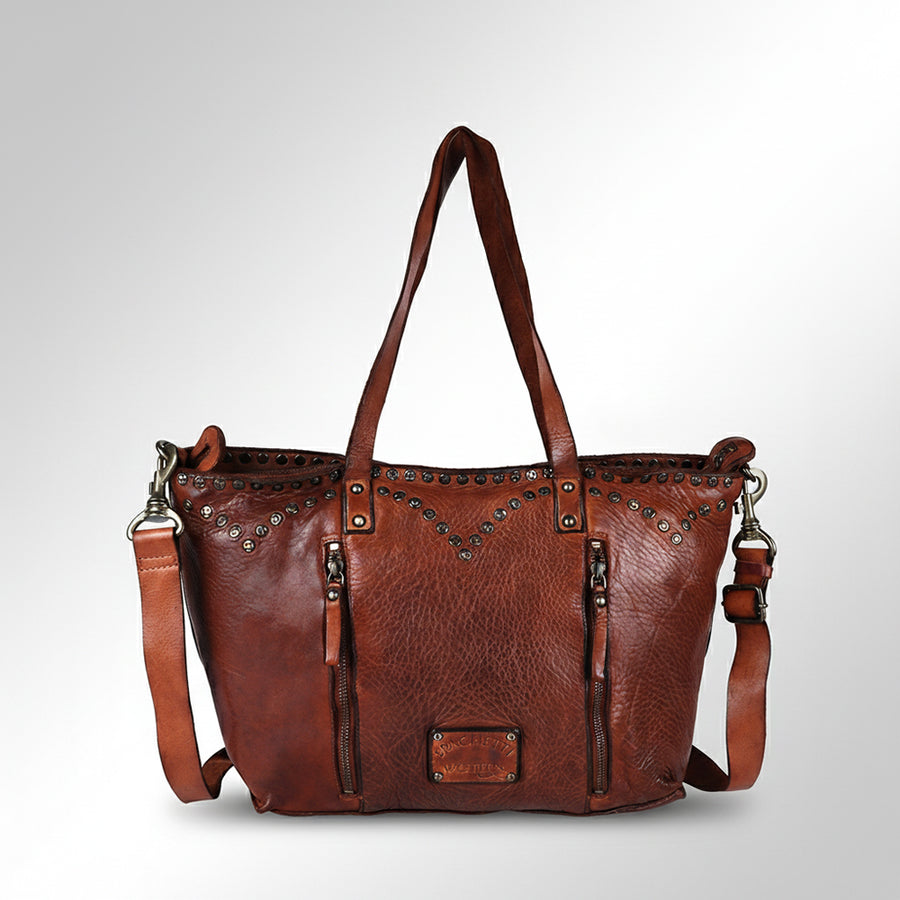 Spaghetti Western Swc135Btan Tote Vintage Handmade Drum Dyed Genuine European Cowhide Leather Women Bag Western Handbag Purse