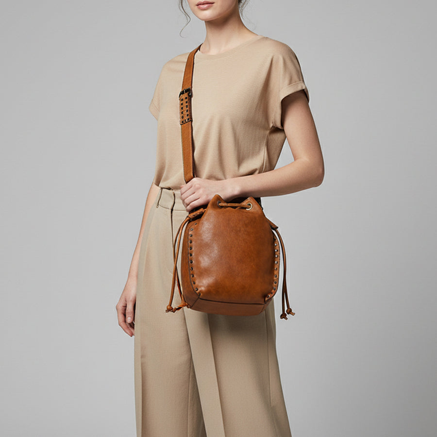 Spaghetti Western Swc137Tan Bucket Vintage Handmade Drum Dyed Genuine European Cowhide Leather Women Bag Western Handbag Purse