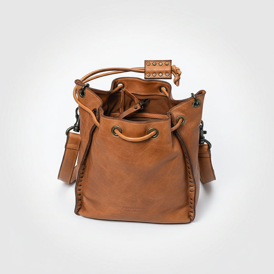 Spaghetti Western Swc137Tan Bucket Vintage Handmade Drum Dyed Genuine European Cowhide Leather Women Bag Western Handbag Purse